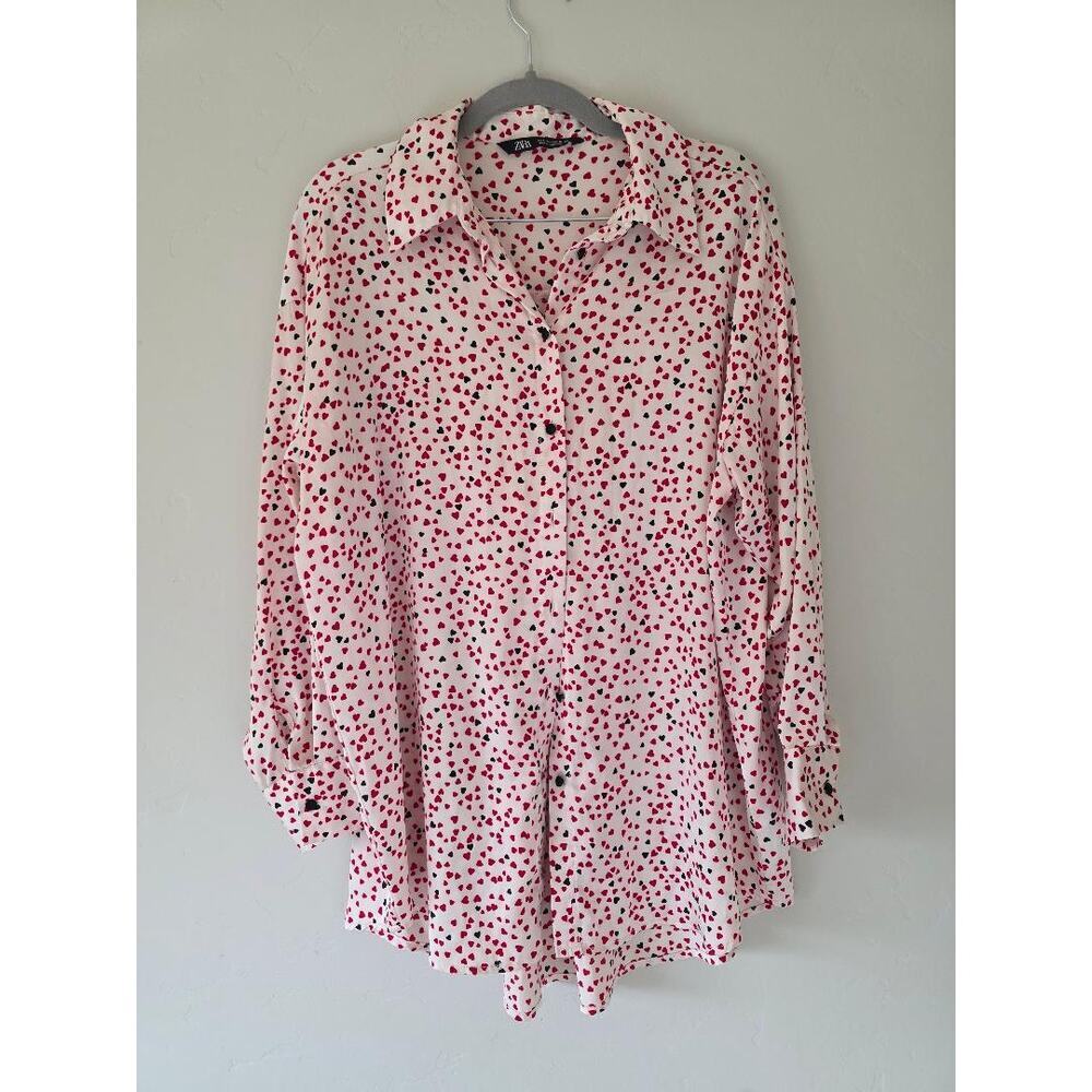 Zara Heart Print Button-Up Blouse • Valentine Pink Top